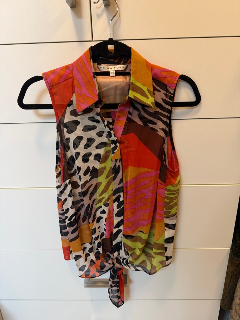 Trina Turk Pink, Orange, Green & Black Patterned Tie-Front Sleeveless Top